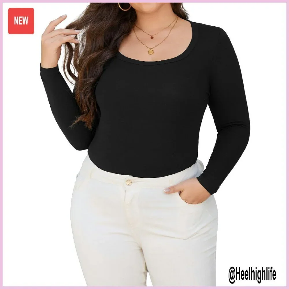 Plus Size Long Sleeve Scoop Neck T-Shirt Slim Fit Stretchy Rayon Spandex